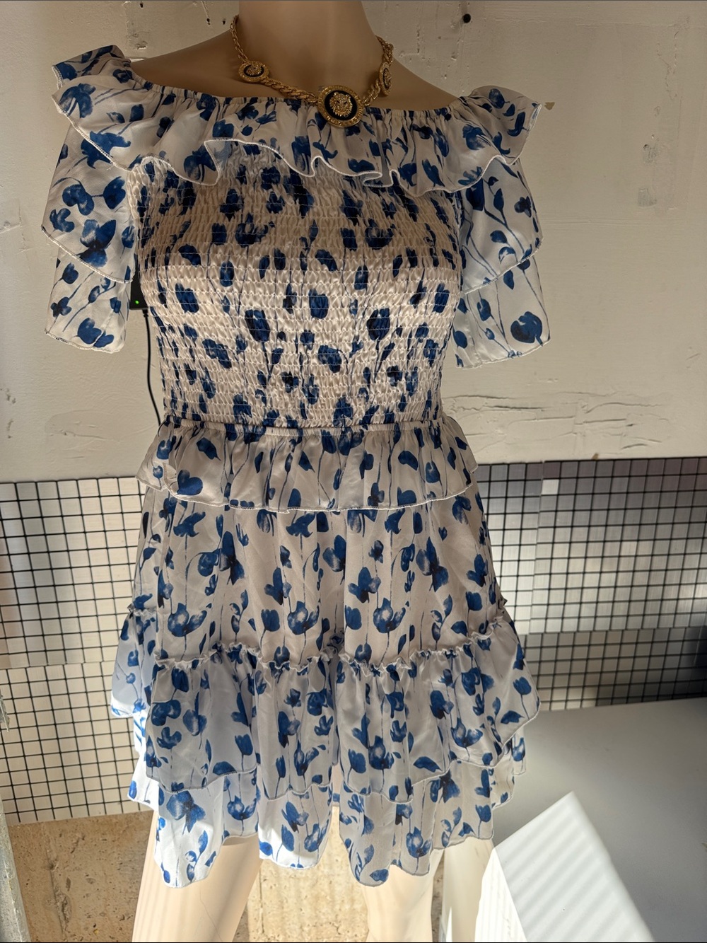 Blue Floral Off-Shoulder Smocked Mini Dress